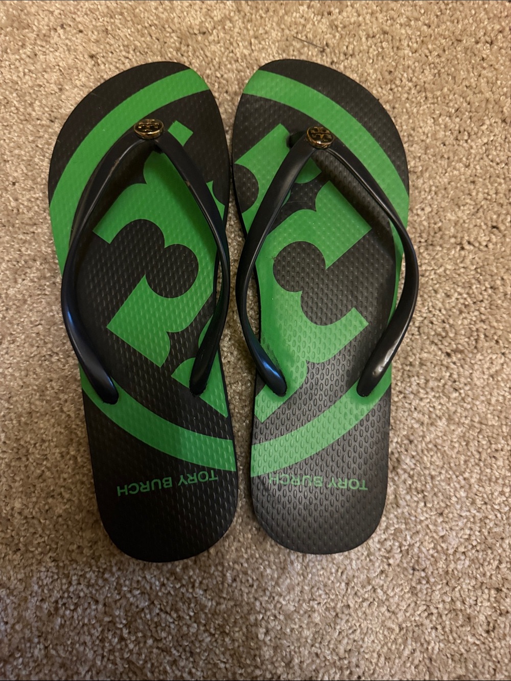 Tory Burch Black and Green Logo Flip Flop Sandals - Icon Emblem